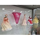 FOUR ROYAL DOULTON FIGURES OF LADIES TOGTHER WITH A CRANBERRY GLASS VASE