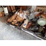 A LARGE BRASS JAM PAN, THREE BOXES OF COLLECTABLES INC. SHELLS, DUCK ORNAMENTS, TREEN ETC.