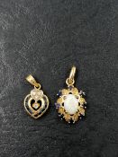 A 9ct HALLMARKED GOLD OPAL AND SAPPHIRE CLUSTER PENDANT TOGETHER WITH A SAPPHIRE AND CZ PENDANT