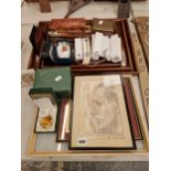 FOUR OAK TEA TRAYS AND CRIB BOARD AND DOMINOES, THREE MAGNIFYING GLASSES, SILVER PLATED SPOONS, A