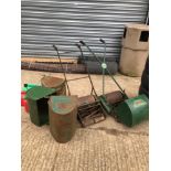 TWO VINTAGE PUSH MOWERS WITH SPARE COLLECTOR BOXES AND THREE JERRY CANS