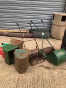 TWO VINTAGE PUSH MOWERS WITH SPARE COLLECTOR BOXES AND THREE JERRY CANS