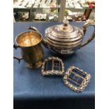 A GEORGE III SILVER TEA POT WITH A PLATED HANDLE, EXETER 1796, A PAIR OF SILVER SHOE BUCKLES AND