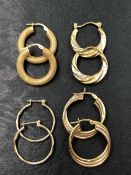 FOUR PAIRS OF 9ct GOLD HOOP EARRINGS OF VARIOUS DESIGN. GROSS WEIGHT 8.43grms.