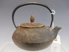 A JAPANESE IRON TETSUBIN, THE BUN SHAPED BODY RELIEF CAST WITH PIMPLES