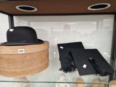 TWO MORTAR BOARD TOGETHER WITH A BOXED DUNNS PERFECTUS BOWLER HAT. 19.5 x 14.5cms. INTERNAL