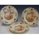 A SET OF FOUR LATE 18th C. CREAMWARE PLATES CENTRALLY PAINTED IN IRON RED WITH TRAVELLERS TALKING