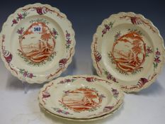 A SET OF FOUR LATE 18th C. CREAMWARE PLATES CENTRALLY PAINTED IN IRON RED WITH TRAVELLERS TALKING
