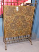 A VICTORIAN BRASS FIRESCREEN WITH A RECTANGULAR SILVER THREAD DAMASK INSET FEATURING DRAGONS AND