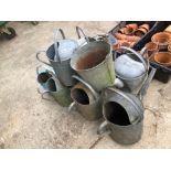 EIGHT GALVANIZED WATERING CANS AND A BUCKET