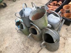 EIGHT GALVANIZED WATERING CANS AND A BUCKET