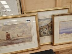 A WATERCOLOUR, COASTAL SHIPPING SIGNED DOUGLAS SNOWDEN TOGETHER WITH TWO OTHER WATERCOLOURS.