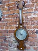 A SATTELY & SONS VICTORIAN MAHOGANY BANJO BAROMETER WITH AN ALCOHOL THERMOMETER ABOVE THE SILVERED
