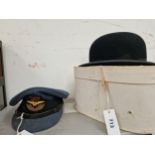 AN RAF OFFICERS CAP TOGETHER WITH A BOXED HERBERT JOHNSON BOWLER HAT, INTERNAL MEASUREMENTS. 20 x