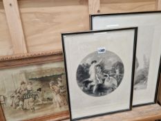 TWO 19th C. ENGRAVINGS, CLASSICAL SCENES AND A LATER COLOUR PRINT