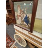 A 19TH C. NEEDLEWORK PICTURE IN CUSHION FRAME AND ANOTHER FRAMED TEXTILE.