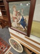 A 19TH C. NEEDLEWORK PICTURE IN CUSHION FRAME AND ANOTHER FRAMED TEXTILE.