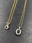 TWO SAPPHIRE AND CZ CLUSTER PENDANTS AND CHAINS. ONE CHAIN UNHALLMARKED, ASSESSED AS 9ct GOLD, ALL