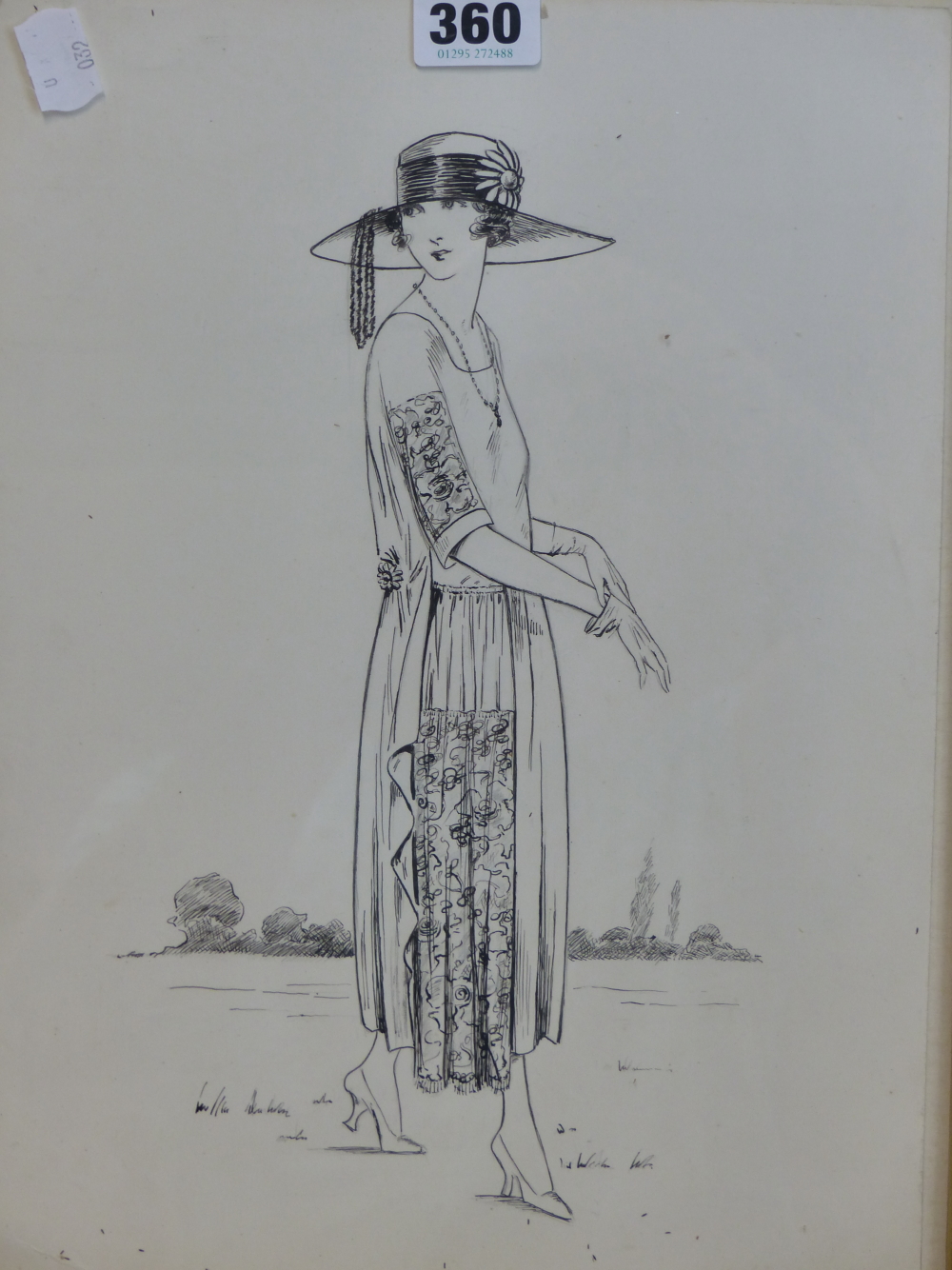 ATTRIBUTED TO ELLEN DYER, A 1920S LADY WALKING AS SHE PUTS ON HER GLOVES, PEN AND INK. 33 x 23cms.