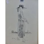 ATTRIBUTED TO ELLEN DYER, A 1920S LADY WALKING AS SHE PUTS ON HER GLOVES, PEN AND INK. 33 x 23cms.