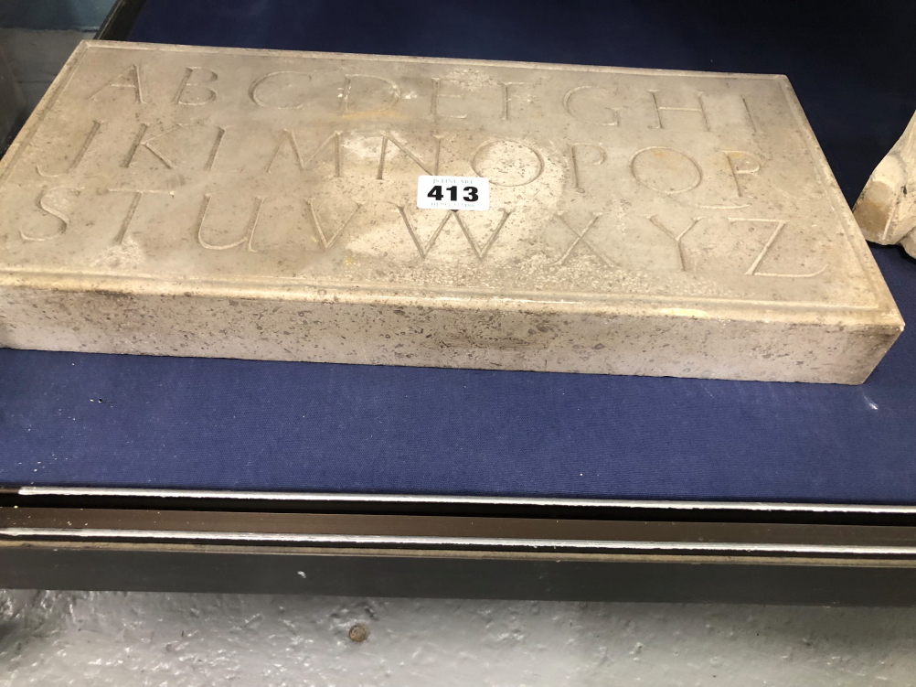 MICHAEL ROYDE-SMITH, ARR, A RECTANGULAR LIMESTONE TABLET CARVED WITH THE ALPHABET. 18 x 37.5cms. - Image 3 of 7