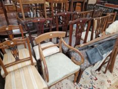 TWO PAIR OF GEORGIAN MAHOGANY DINING CHAIRS, A PAIR OF RUSH SEAT SPINDLE BACK CHAIRS, A PAIR OF