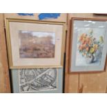 A 19TH C. WATERCOLOUR RIVERSIDE SCENE, A STILL LIFE OF FLOWERS IN A VASE, AND A PRINT AVEBURY
