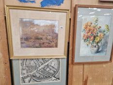 A 19TH C. WATERCOLOUR RIVERSIDE SCENE, A STILL LIFE OF FLOWERS IN A VASE, AND A PRINT AVEBURY
