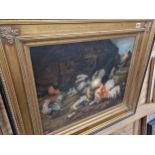 A LARGE GILT FRAMED OIL ON CANVAS, COCKS AND HENS.