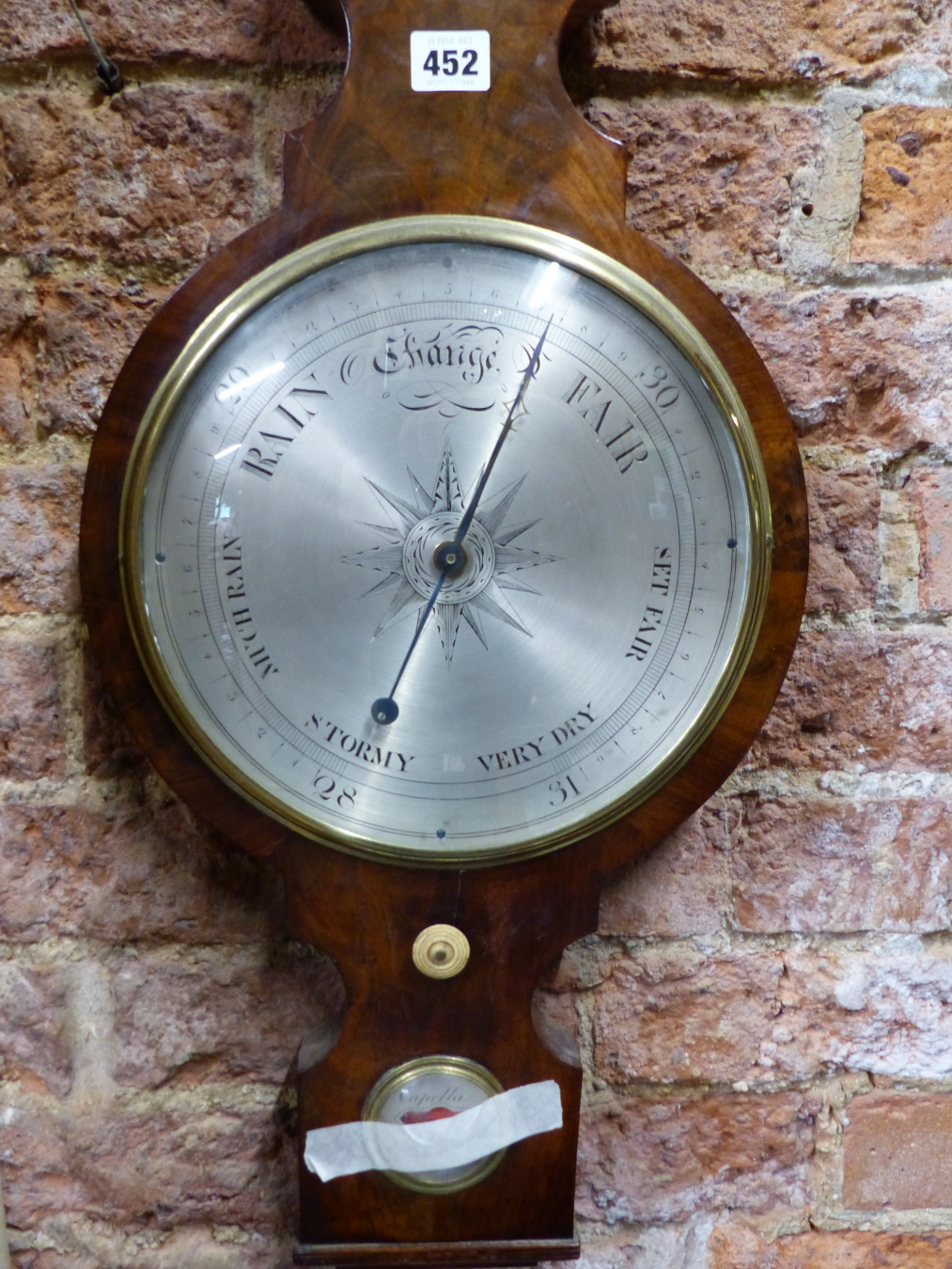 A CAPELLA MAHOGANY BANJO BAROMETER WITH AN ALCOHOL THERMOMETER ABOVE THE SILVERED DIAL, ADJUSTMENT - Image 2 of 4