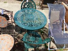 PAINTED ALLOY GARDEN TABLE AND TWO MATCHING CHAIRS