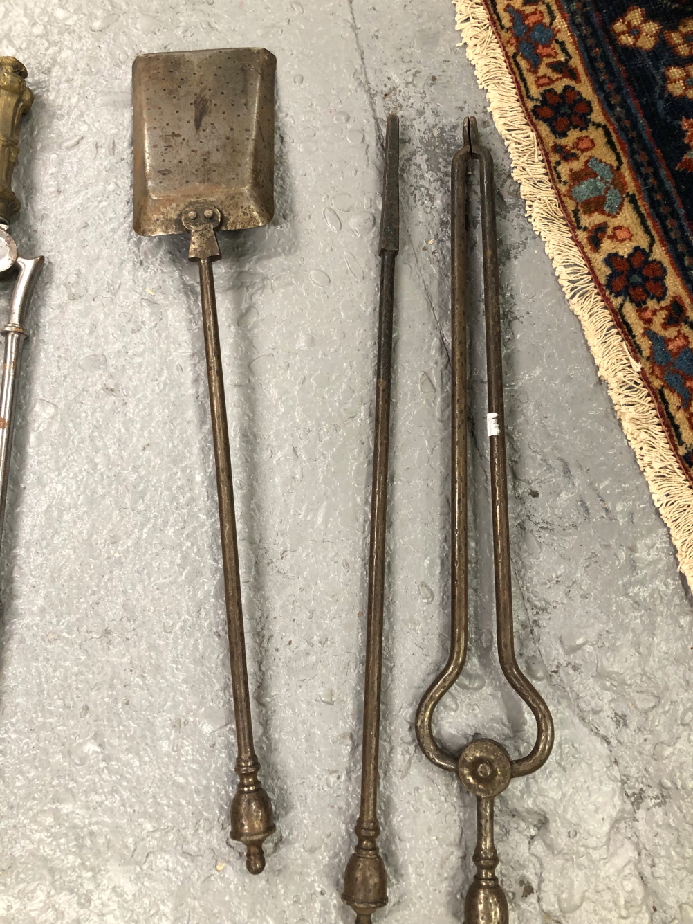 A SET OF THREE POLISHED STEEL FIRE IRONS WITH NEOGOTHIC BRASS HANDLES TOGETHER WITH ANOTHER SET OF - Image 5 of 5