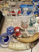 ANTIQUE AND LATER GLASS WARES, TO INCLUDE DECANTERS, A CRANBERRY TANKARD, PAPERWEIGHT ETC.