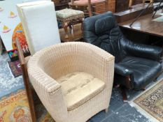 A RETRO SWIVEL ARM CHAIR TOGETHER WITH A RATTAN TUB CHAIR AND SIMILAR STOOL AND A LOOM BLANKET