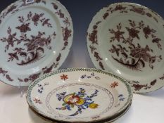 TWO PAIRS OF 18th C. DELFT DISHES PAINTED IN MANGANESE AND IN POLYCHROME. Dia. 34.5cms.