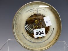 A FRENCH HOLOSTERIC BAROMETER IN A PLATED CASE AND WITH A CURVED MERCURY THERMOMETER, THE CASE.