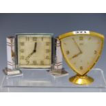 A SWISS ART DECO CHROME CASED TIMEPIECE TOGETHER WITH ANOTHER IN A GILT SHIELD SHAPED CASE BY ORIS