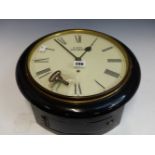 AN A JOEL OF RICHMOND BLACK LACQUERED WALL CLOCK, THE TIMEPIECE WITH A WHITE CIRCULAR DIAL. Dia.