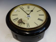 AN A JOEL OF RICHMOND BLACK LACQUERED WALL CLOCK, THE TIMEPIECE WITH A WHITE CIRCULAR DIAL. Dia.