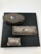 TWO HALLMARKED SILVER DRESSING TABLE BOXES, BOTH DATED 1902, TOGETHER WITH A CONTINENTAL SILVER