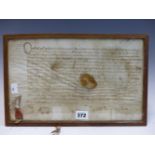 A FRAMED 1527 GRANT OF THE MANOR OF BILLINGTON HAND WRITTEN IN LATIN. 21.5 x 34cms.