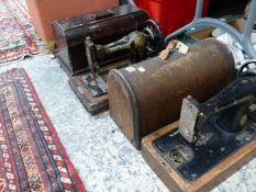 TWO VINTAGE SEWING MACHINES AND A LOOM BOX.
