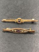 TWO ANTIQUE SEED PEARL AND VIOLET STONE SET BROOCHES. BOTH UNHALLMARKED, ONE WITH A 9ct STAMP.