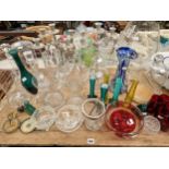 A QUANTITY OF GLASS VASES AND BOWLS, A BRASS CASED COMPASS, PLATED CANDELABRA ETC