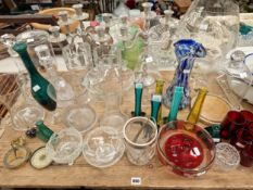 A QUANTITY OF GLASS VASES AND BOWLS, A BRASS CASED COMPASS, PLATED CANDELABRA ETC
