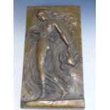 TWO SIMILAR BRONZE PLAQUES, EACH CAST WITH A CLASSICAL LADY WEARING FLOWING DIAPHANOUS ROBES. 41.5 x