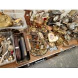A LARGE QUANTITY OF SILVER PLATED WARES, COPPER AND BRASS, CUTLERY ETC.