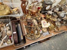 A LARGE QUANTITY OF SILVER PLATED WARES, COPPER AND BRASS, CUTLERY ETC.