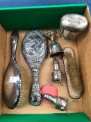 SILVER DRESSING TABLE ITEMS, TWO SILVER PEPPERS AND A SILVER EGG CUP, 125.9Gms. OF WEIGHABLE SILVER
