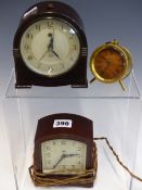FIVE VARIOUS CLOCKS, TO INCLUDE TWO BY SMITHS IN BAKELITE CASES, ONE BY ANSONIA IN A BRASS CASE